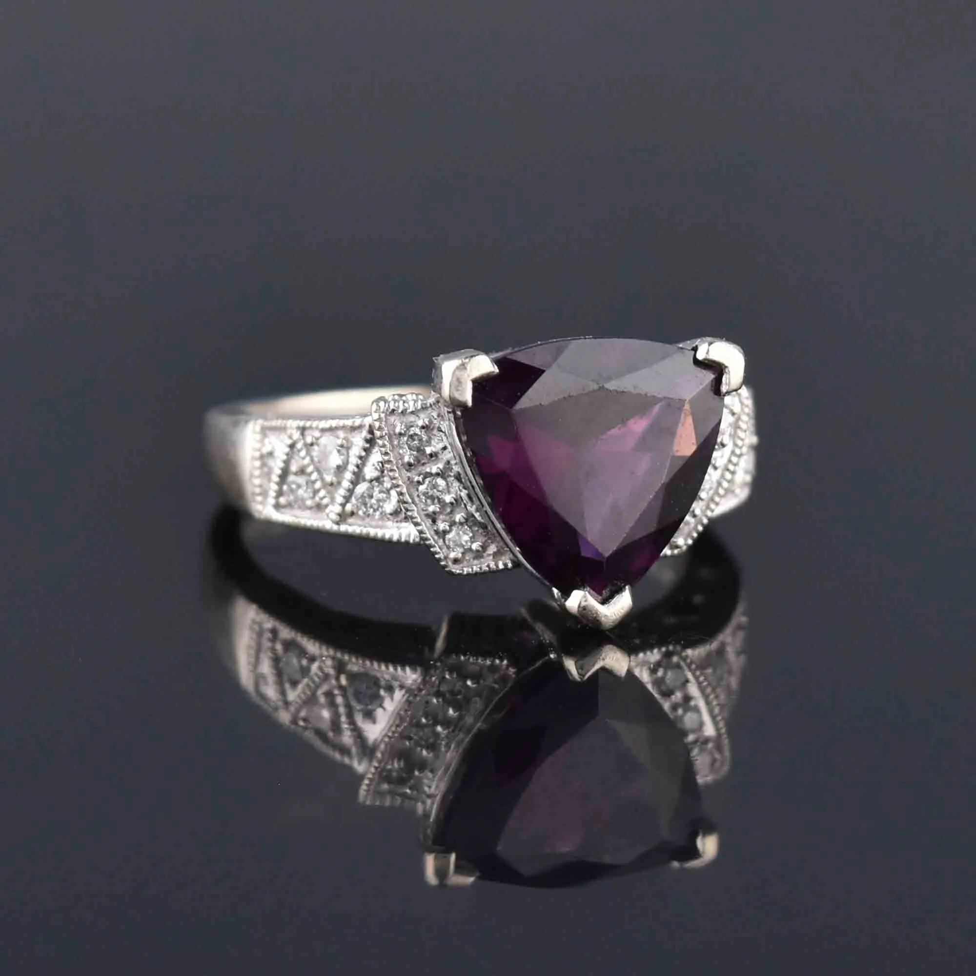 Estate Diamond Trillion Cut Amethyst Ring in 14K White Gold