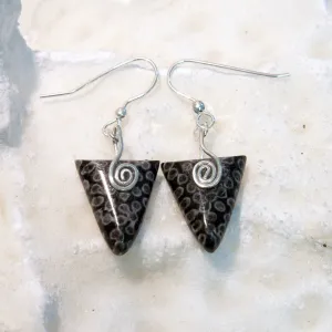 FC05E Fossilised Coral Triangle Earrings with Sterling Silver Celtic Spirals