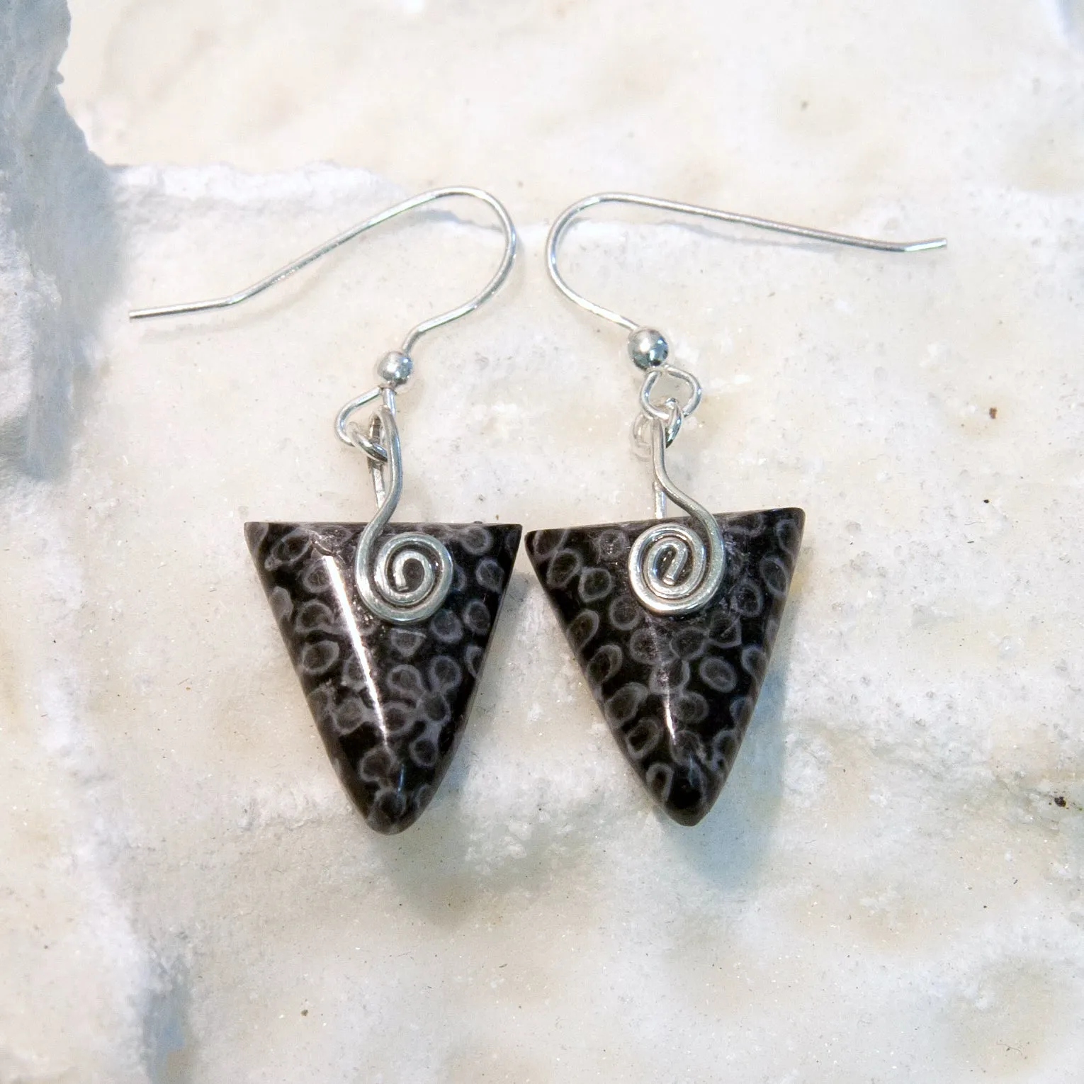 FC05E Fossilised Coral Triangle Earrings with Sterling Silver Celtic Spirals