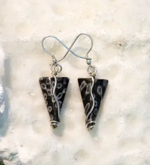 FC26E Fossilised Coral & Sterling Silver Triangle Earrings