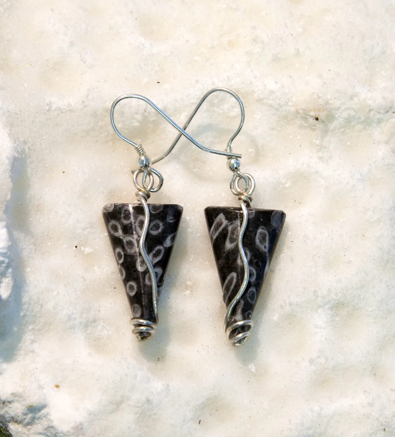 FC26E Fossilised Coral & Sterling Silver Triangle Earrings