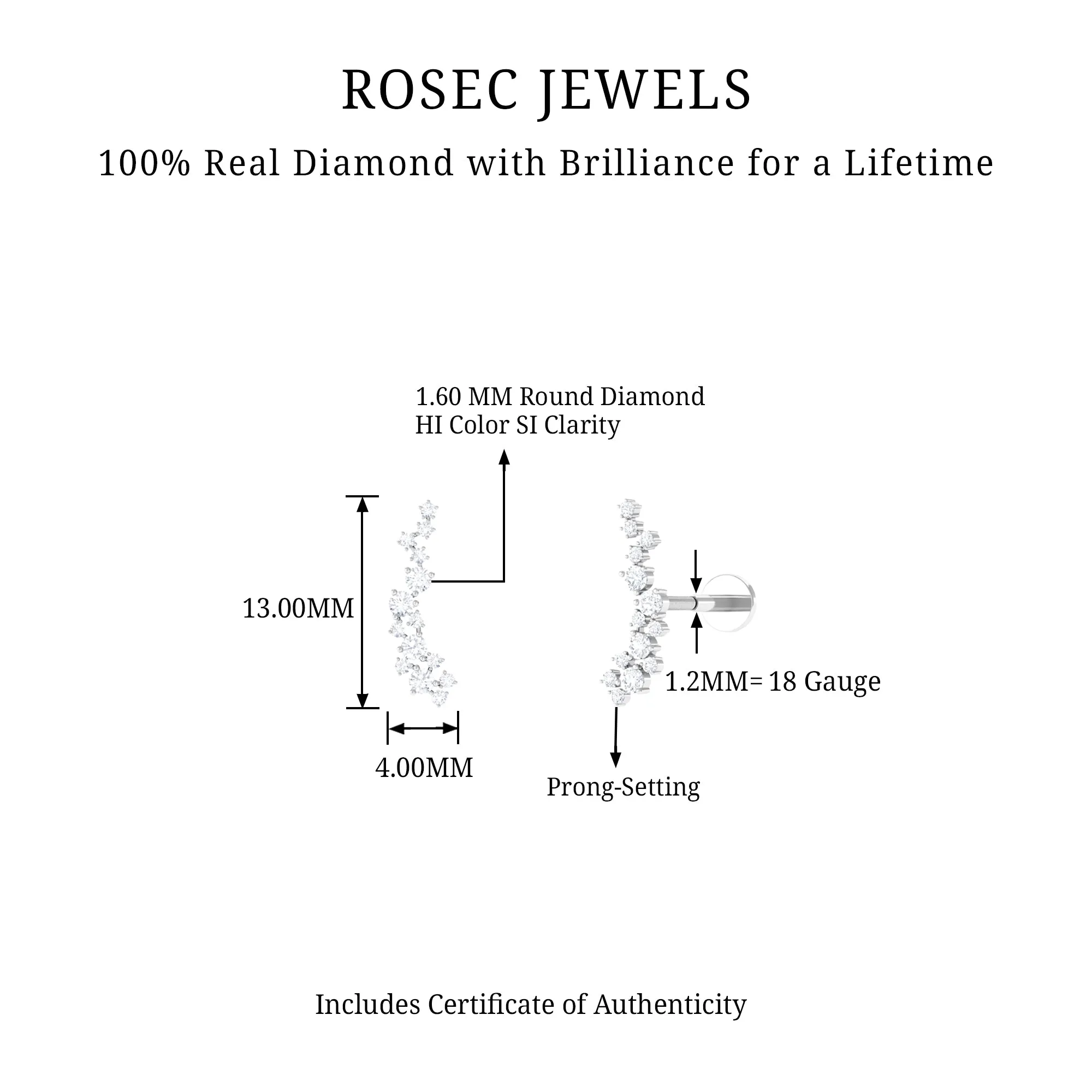 Genuine Diamond Crawler Earring for Helix Piercing