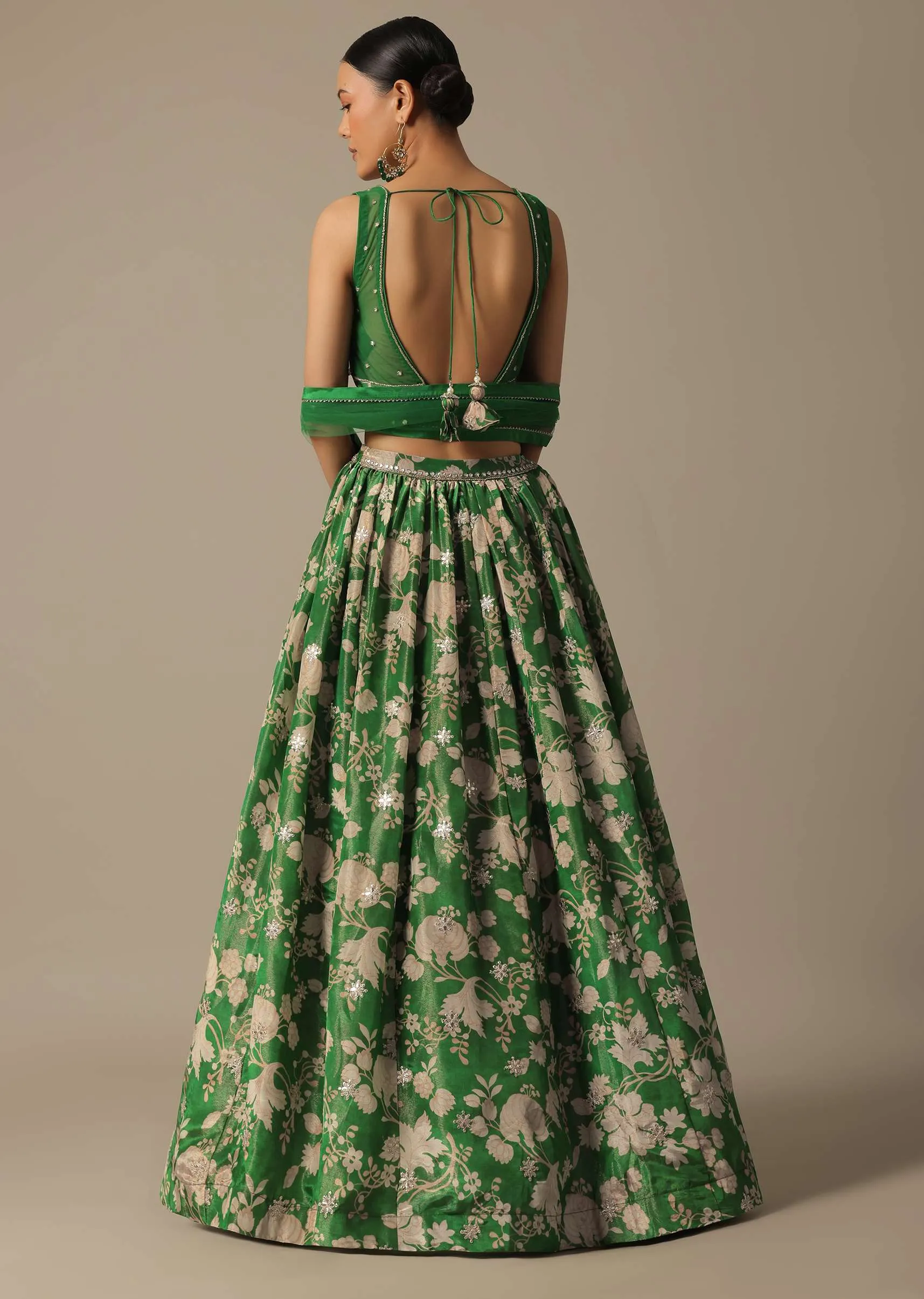 Green Chanderi Printed Lehenga Set