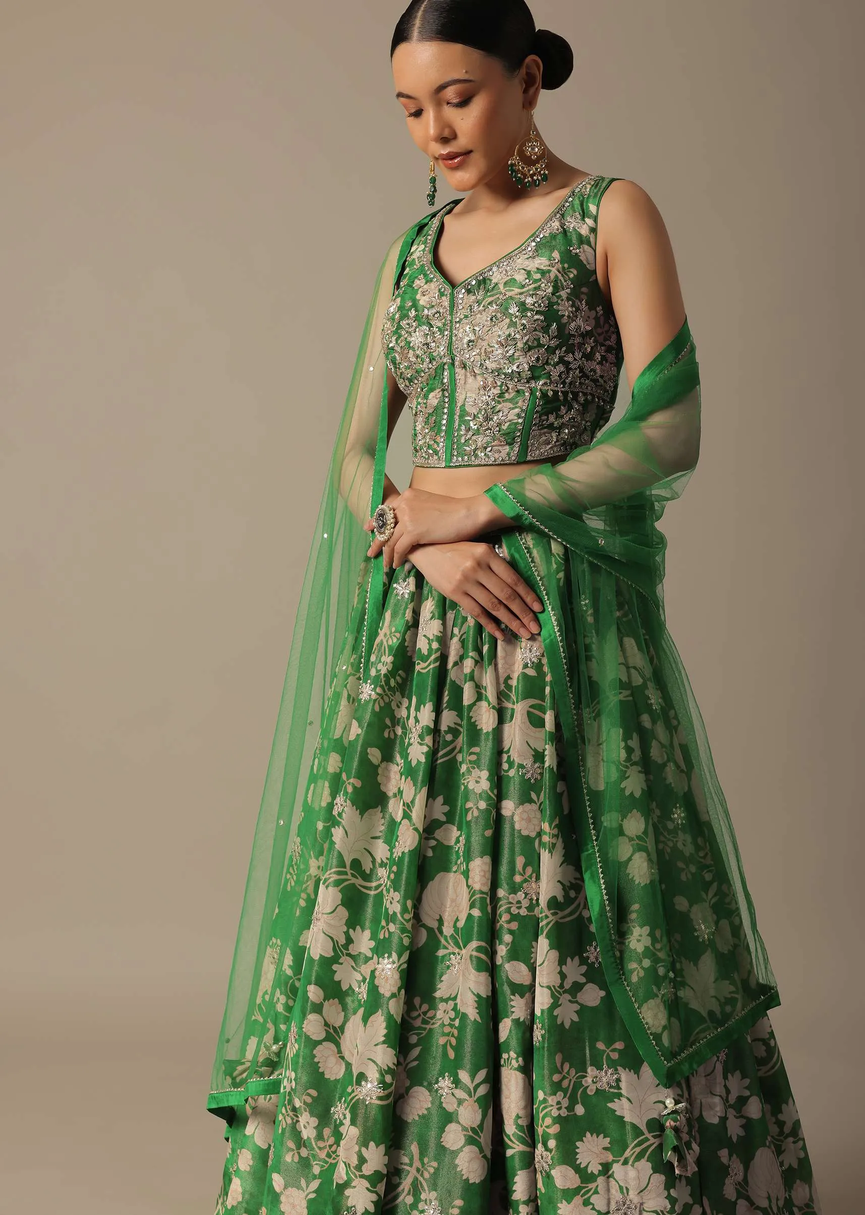 Green Chanderi Printed Lehenga Set
