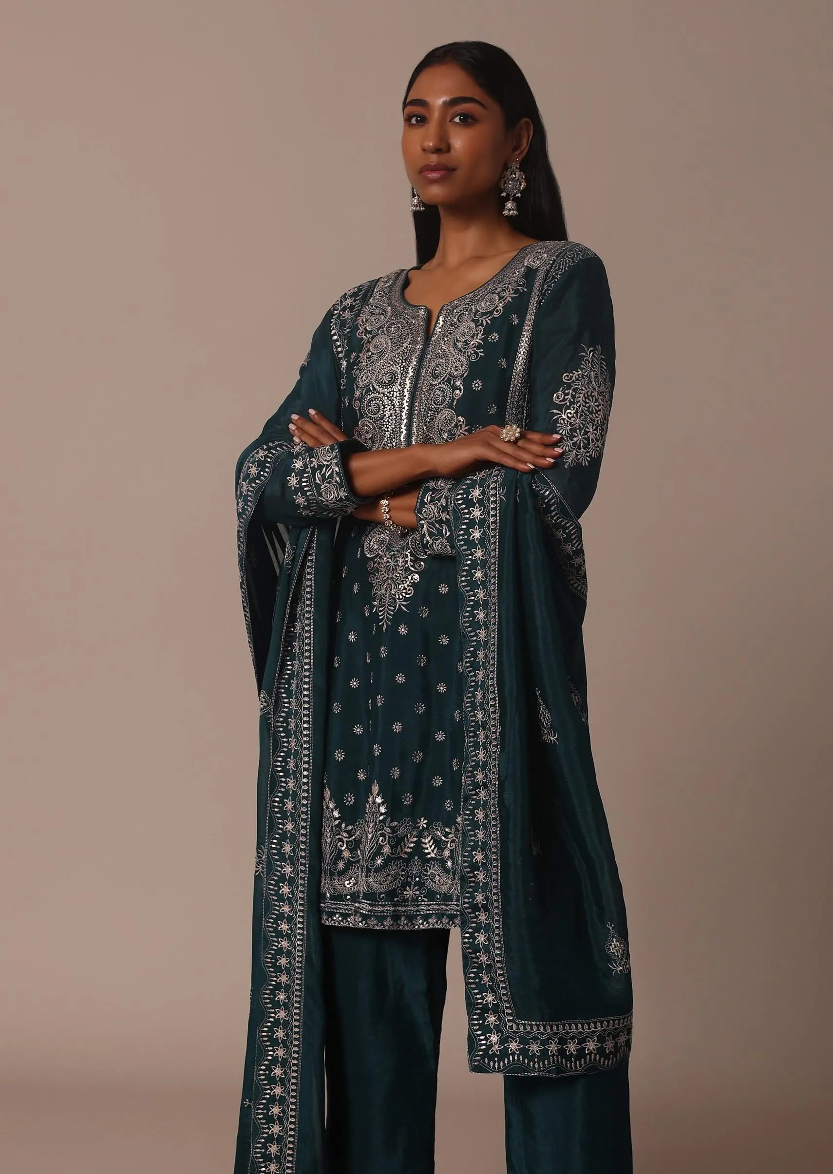 Green Embellished Pant Set With Thread Work Kurta