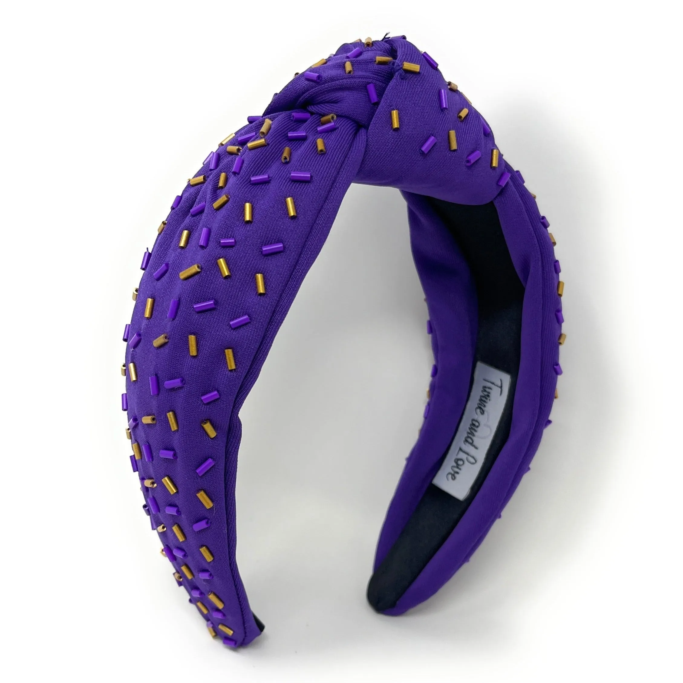Hand Beaded Purple Gold Confetti Knot Headband