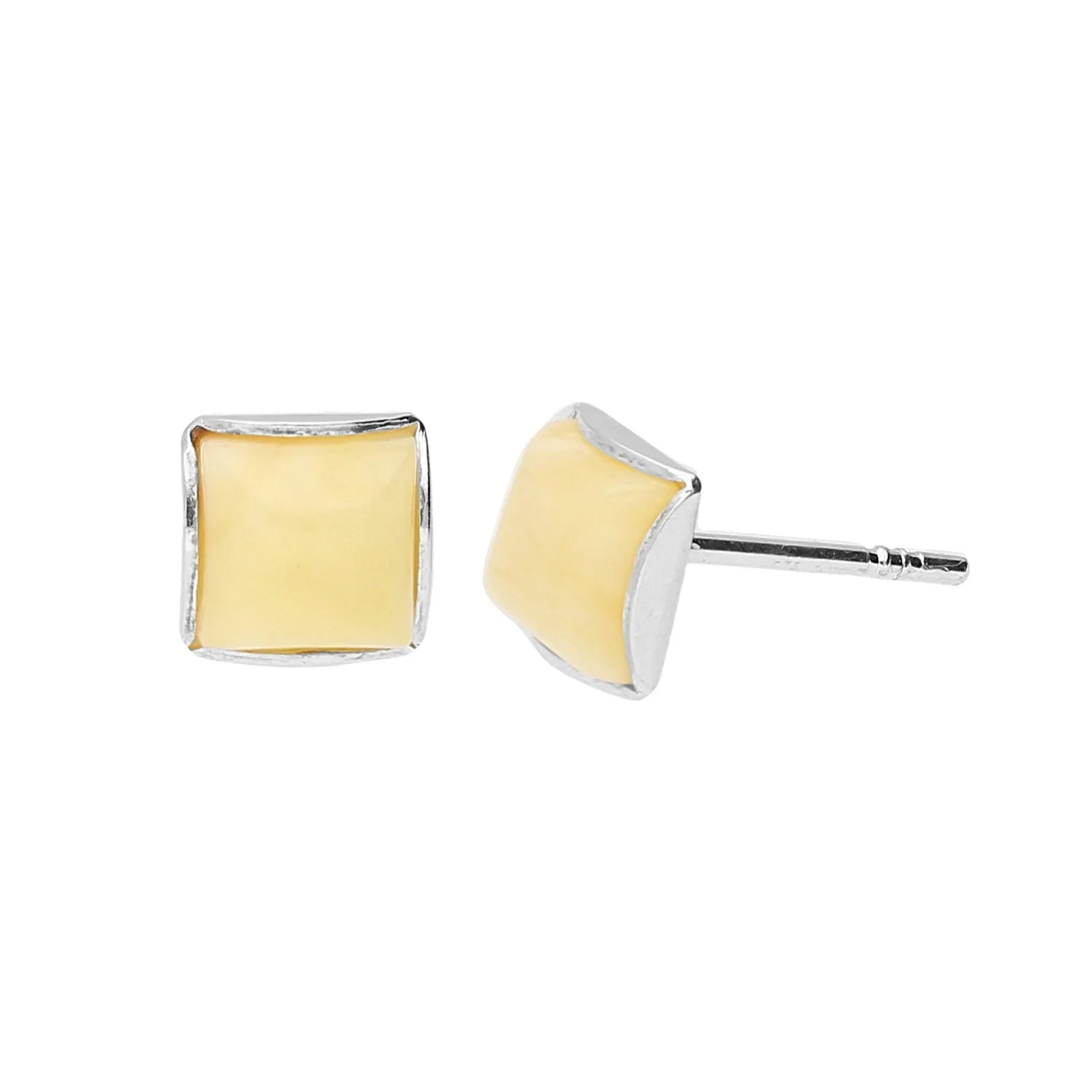 MILENA Stud Earrings Silver and Milky Amber Square 6mm