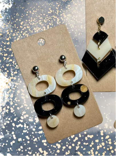 Milky Way Triple Dangles - Wood and “Luxe Amber” Speciality Acrylic Earrings