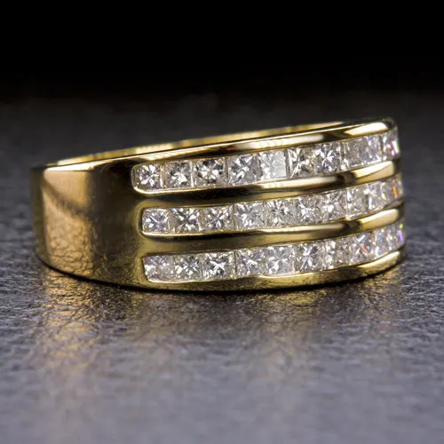 NATURAL DIAMOND COCKTAIL BAND WIDE 3 ROW RING PRINCESS CUT 1 CARAT YELLOW GOLD