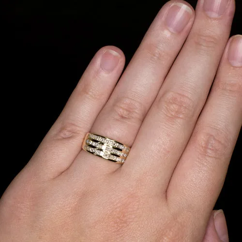 NATURAL DIAMOND COCKTAIL BAND WIDE 3 ROW RING PRINCESS CUT 1 CARAT YELLOW GOLD