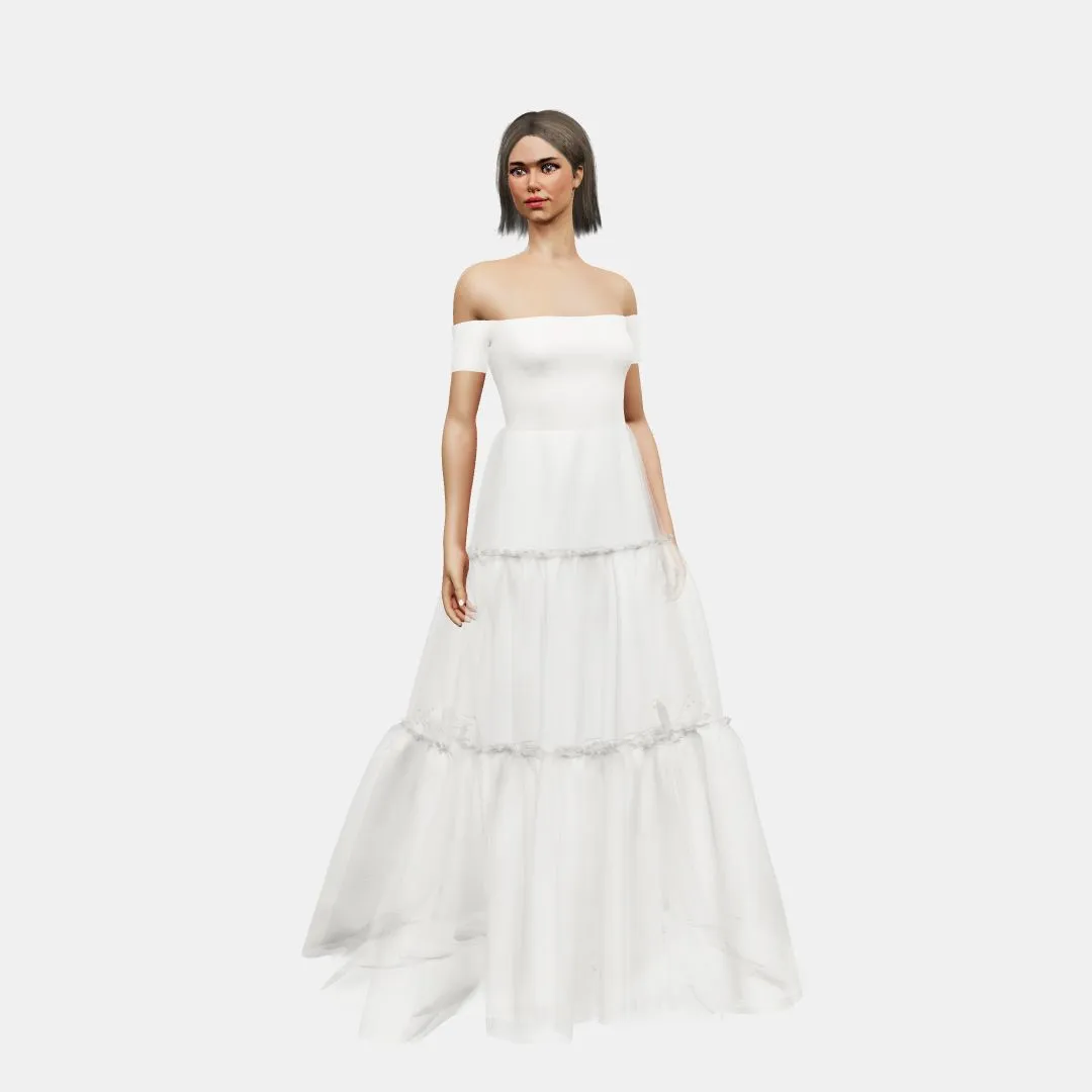 Off shoulder   A-lined tiered tulle