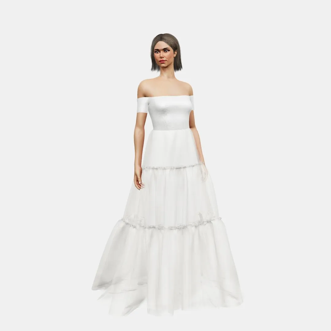 Off shoulder   A-lined tiered tulle