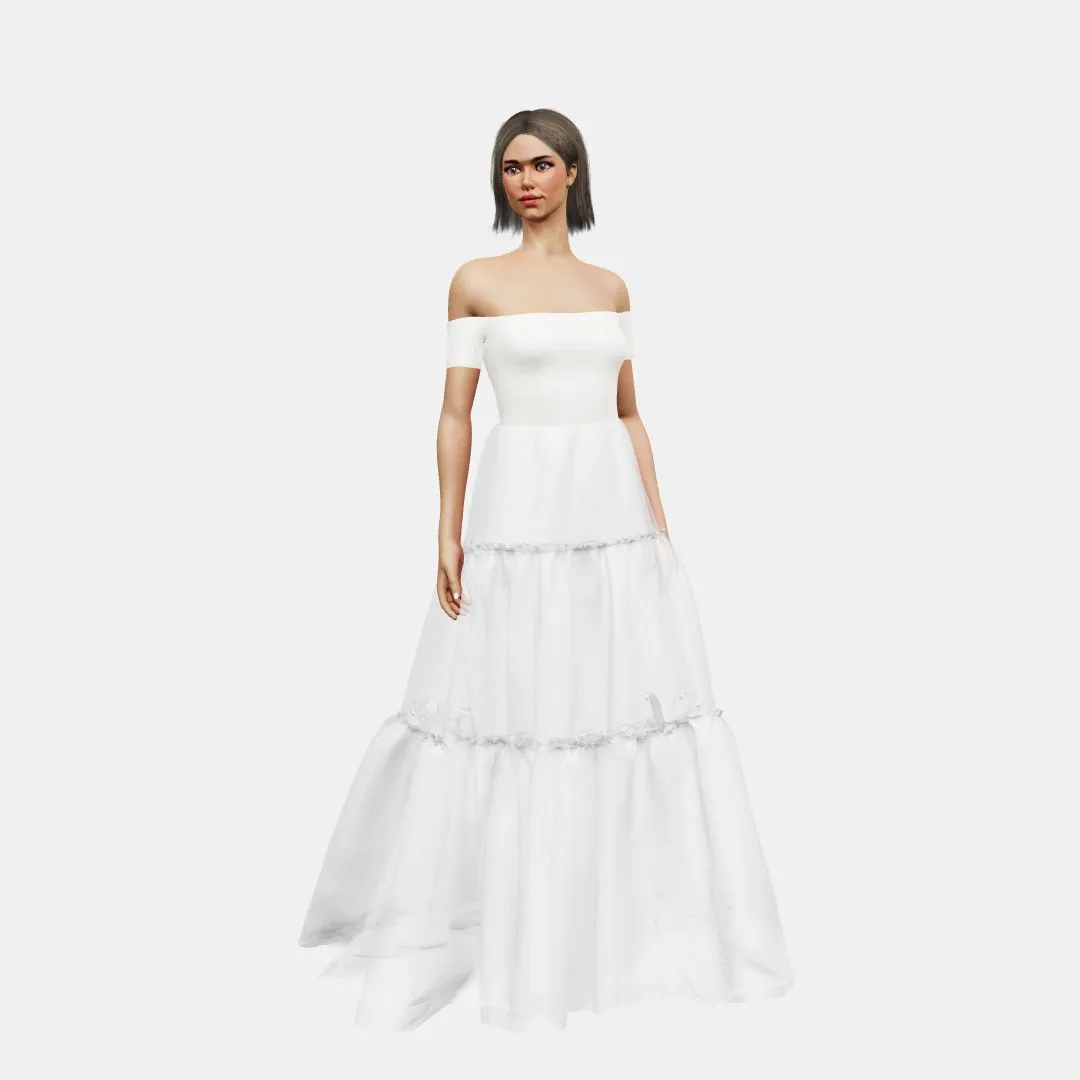 Off shoulder   A-lined tiered tulle