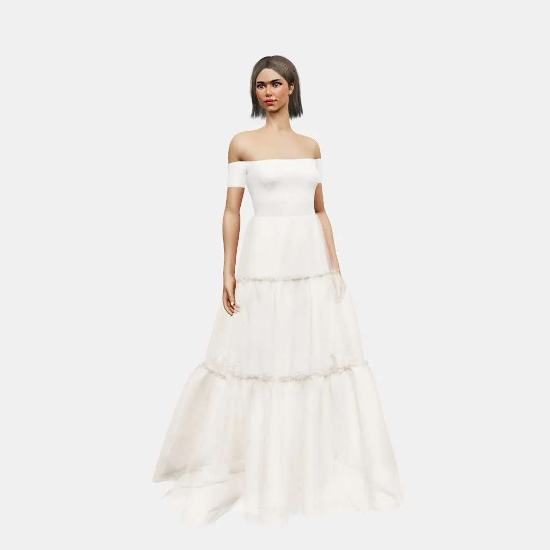 Off shoulder   A-lined tiered tulle