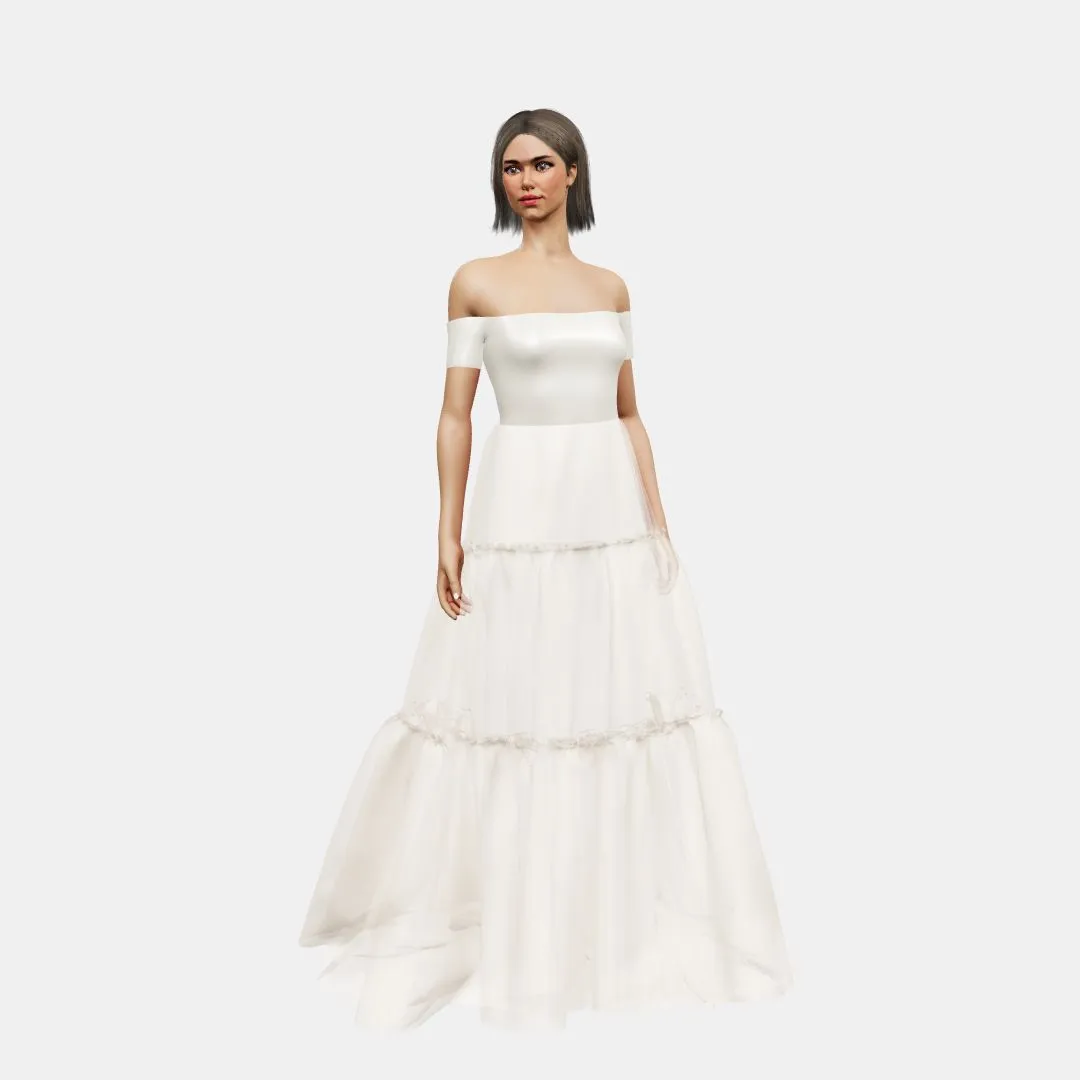 Off shoulder   A-lined tiered tulle