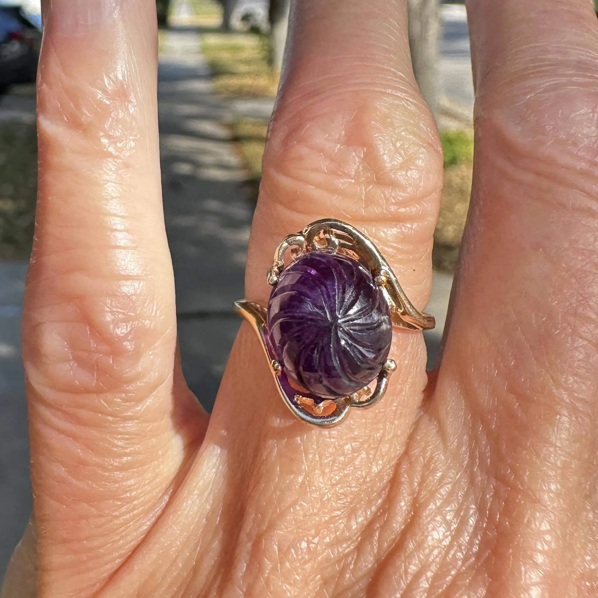 ON LAYAWAY Fancy Cut Carved Amethyst Cabochon Ring in Gold