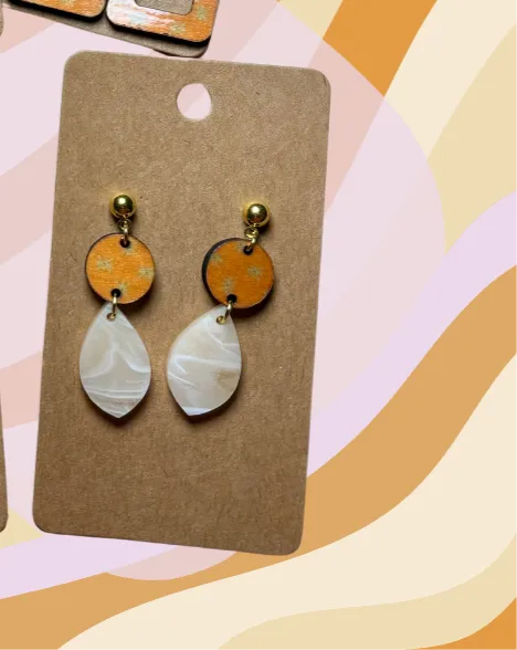 Orange Retro Dot Wood & “Luxe Amber” Speciality Acrylic Earrings
