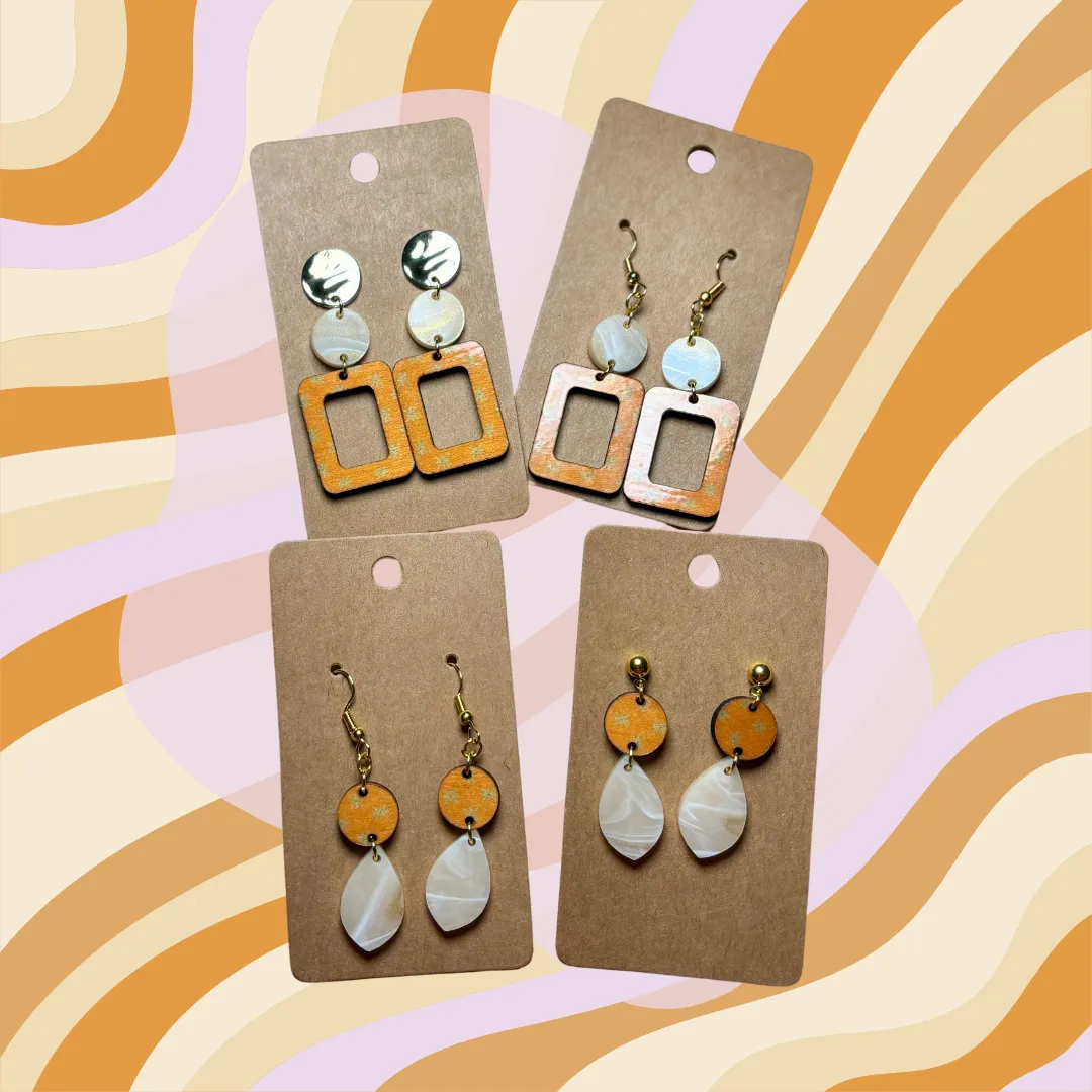 Orange Retro Dot Wood & “Luxe Amber” Speciality Acrylic Earrings
