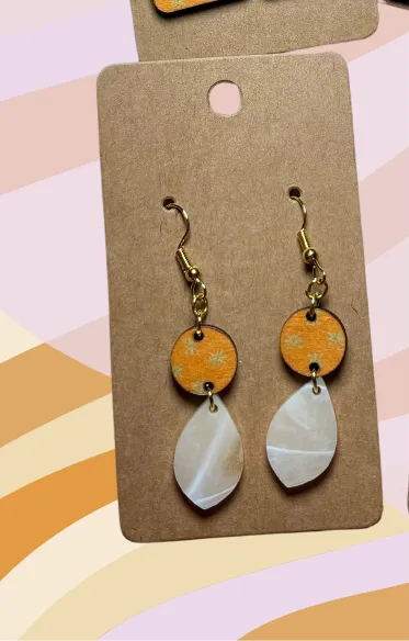 Orange Retro Dot Wood & “Luxe Amber” Speciality Acrylic Earrings
