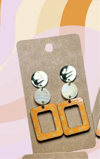 Orange Retro Dot Wood & “Luxe Amber” Speciality Acrylic Earrings