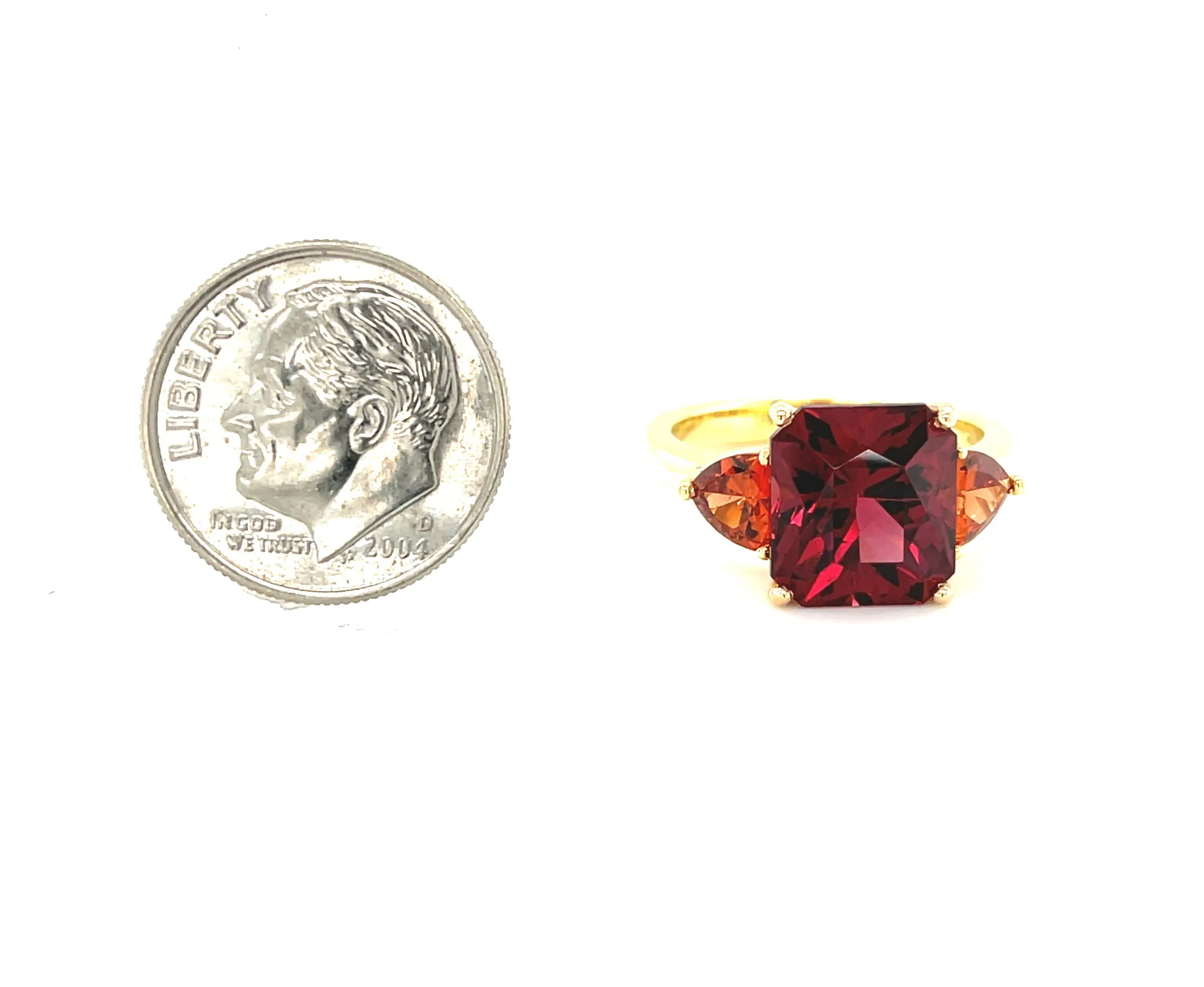 Red Garnet and Spessartite 3-Stone Ring in 18k Yellow Gold