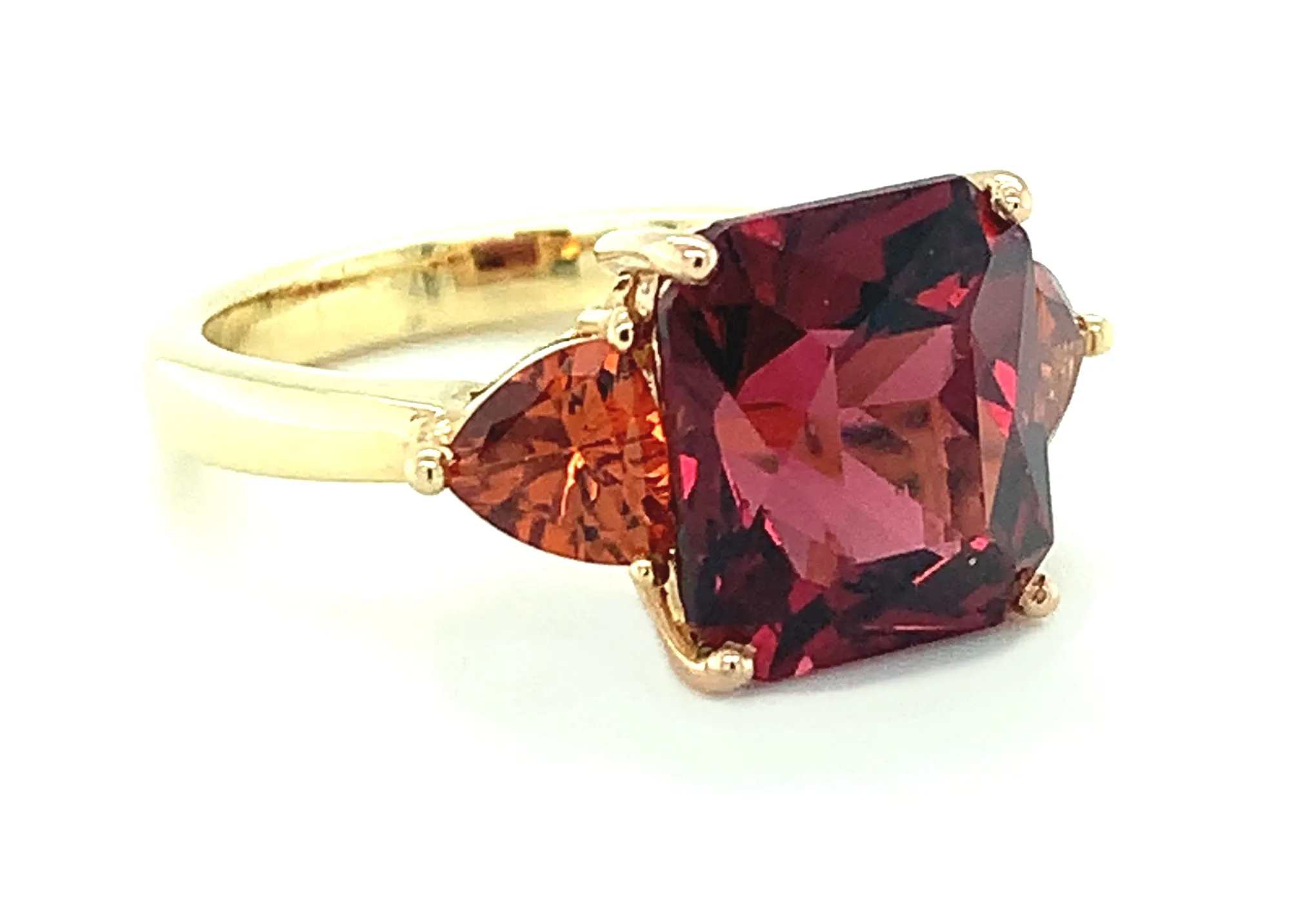 Red Garnet and Spessartite 3-Stone Ring in 18k Yellow Gold
