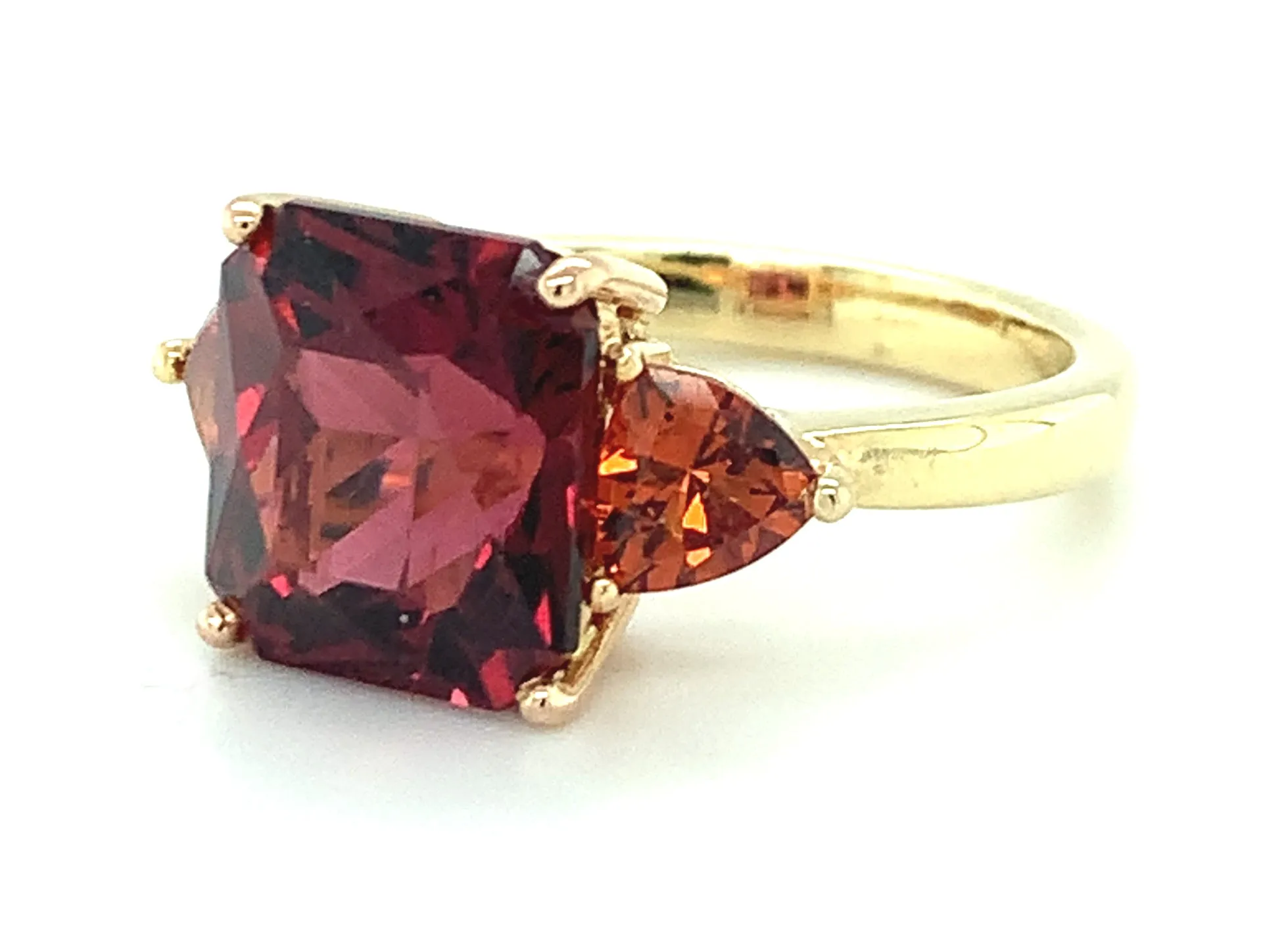 Red Garnet and Spessartite 3-Stone Ring in 18k Yellow Gold