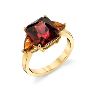 Red Garnet and Spessartite 3-Stone Ring in 18k Yellow Gold