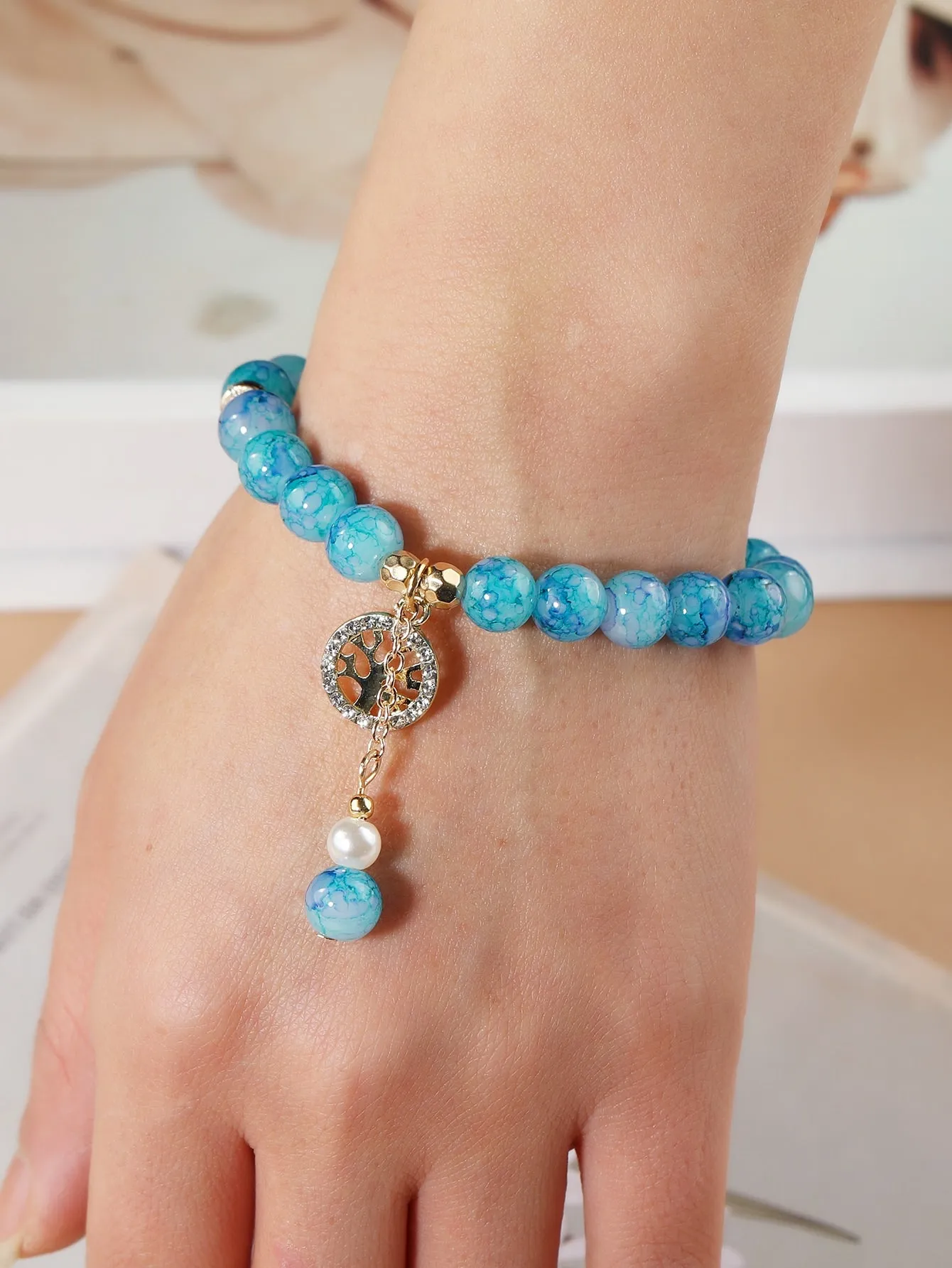 Rhinestone Decor Round Charm Beaded Bracelet Crystal Bead Bracelet Handmade