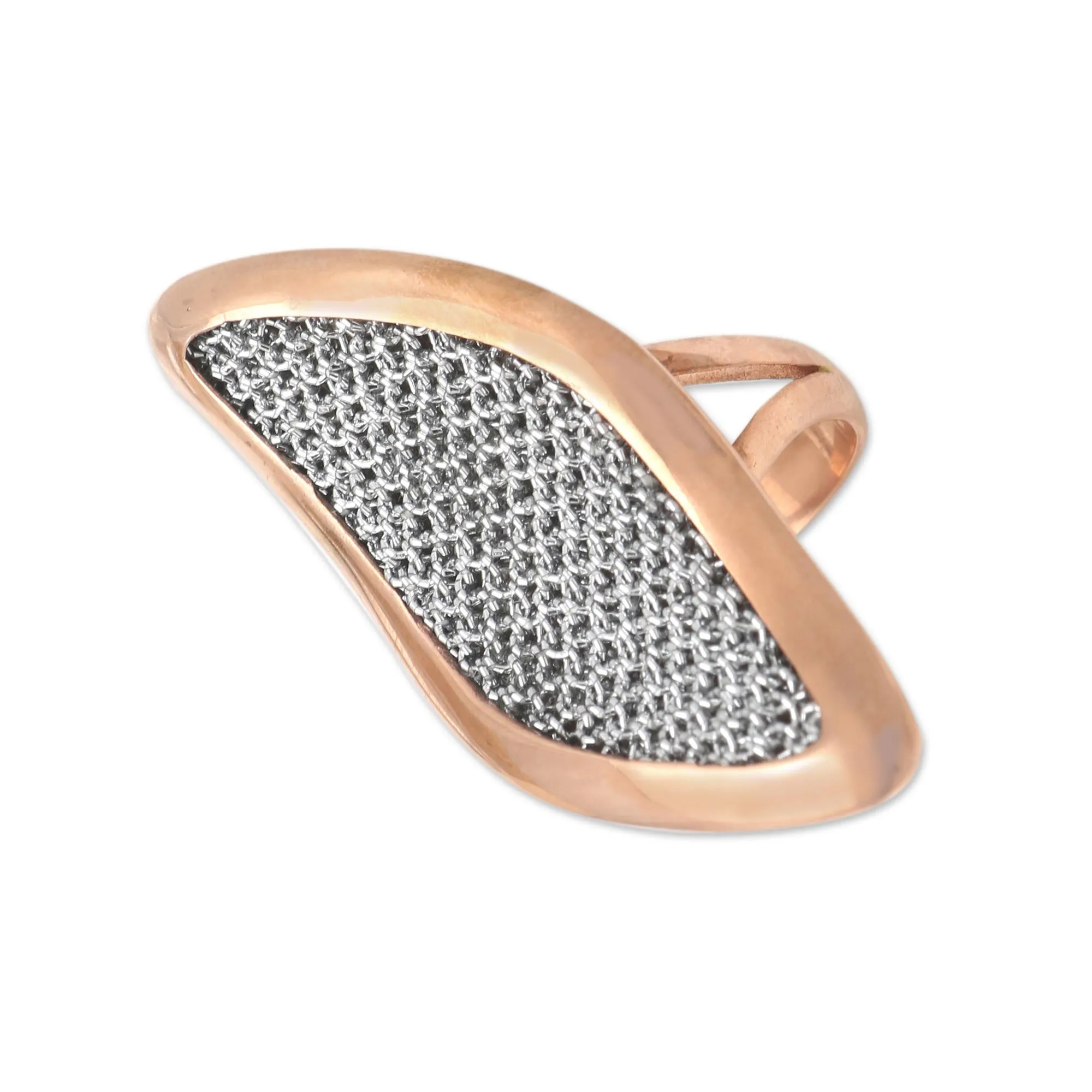 Rose Gold-Plated Brass and Mesh Cocktail Ring - Rosy Leaves | NOVICA