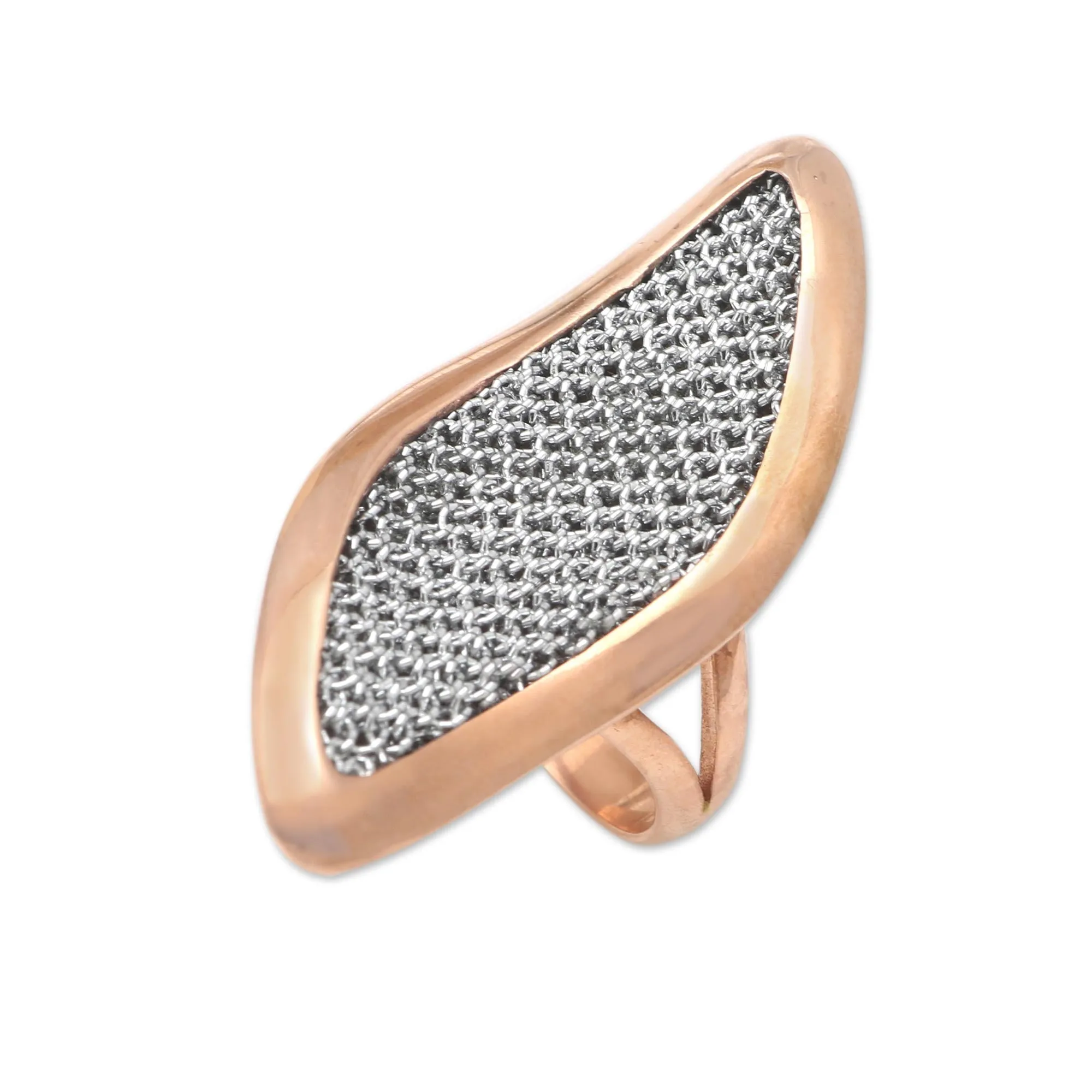 Rose Gold-Plated Brass and Mesh Cocktail Ring - Rosy Leaves | NOVICA