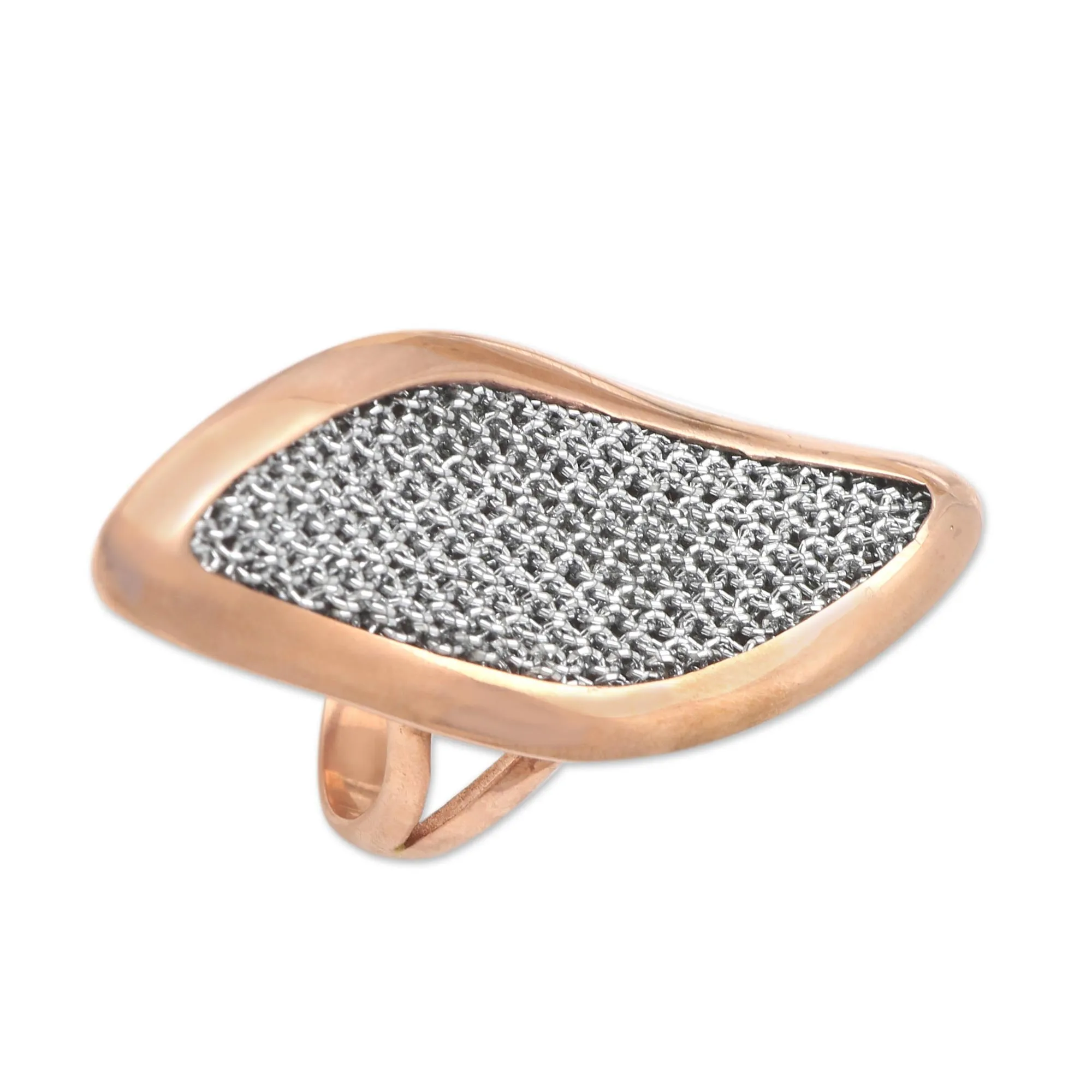 Rose Gold-Plated Brass and Mesh Cocktail Ring - Rosy Leaves | NOVICA