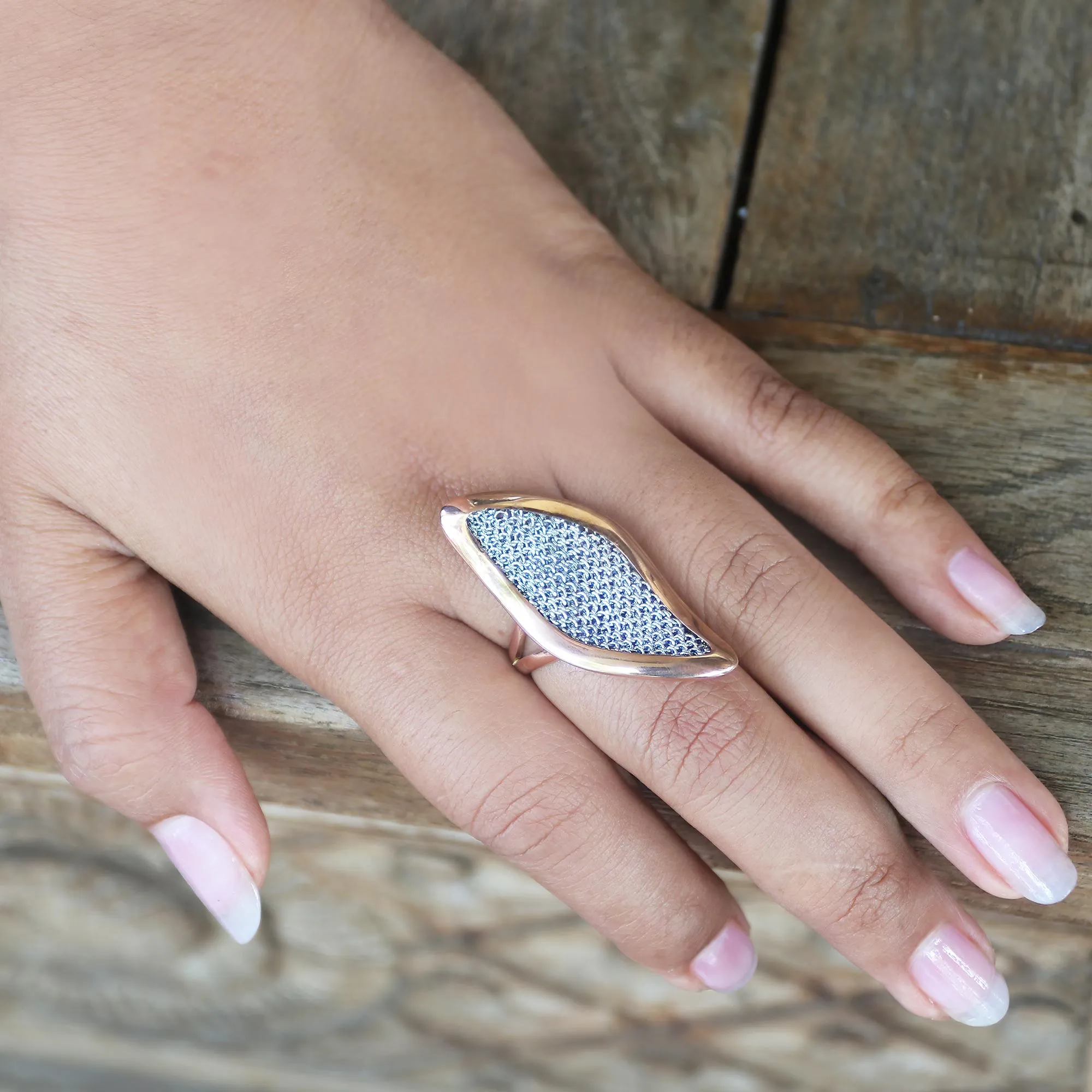 Rose Gold-Plated Brass and Mesh Cocktail Ring - Rosy Leaves | NOVICA