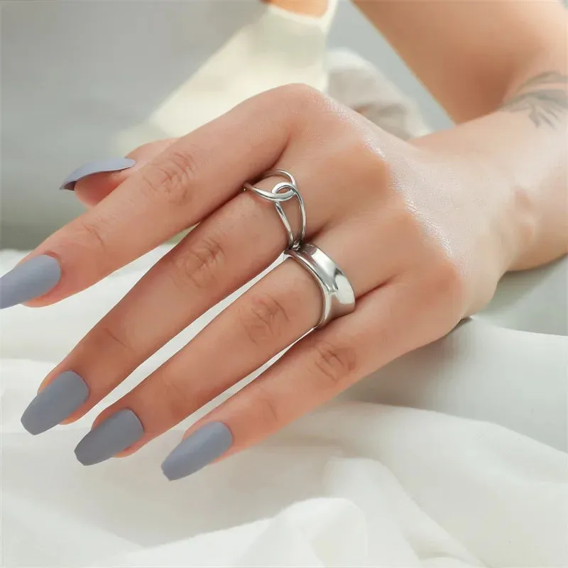 Silver Color Irregular Hollow Double Line Geometric Set Ring Female Simple Unique Design Fashion Adjustable Jewelry Gifts