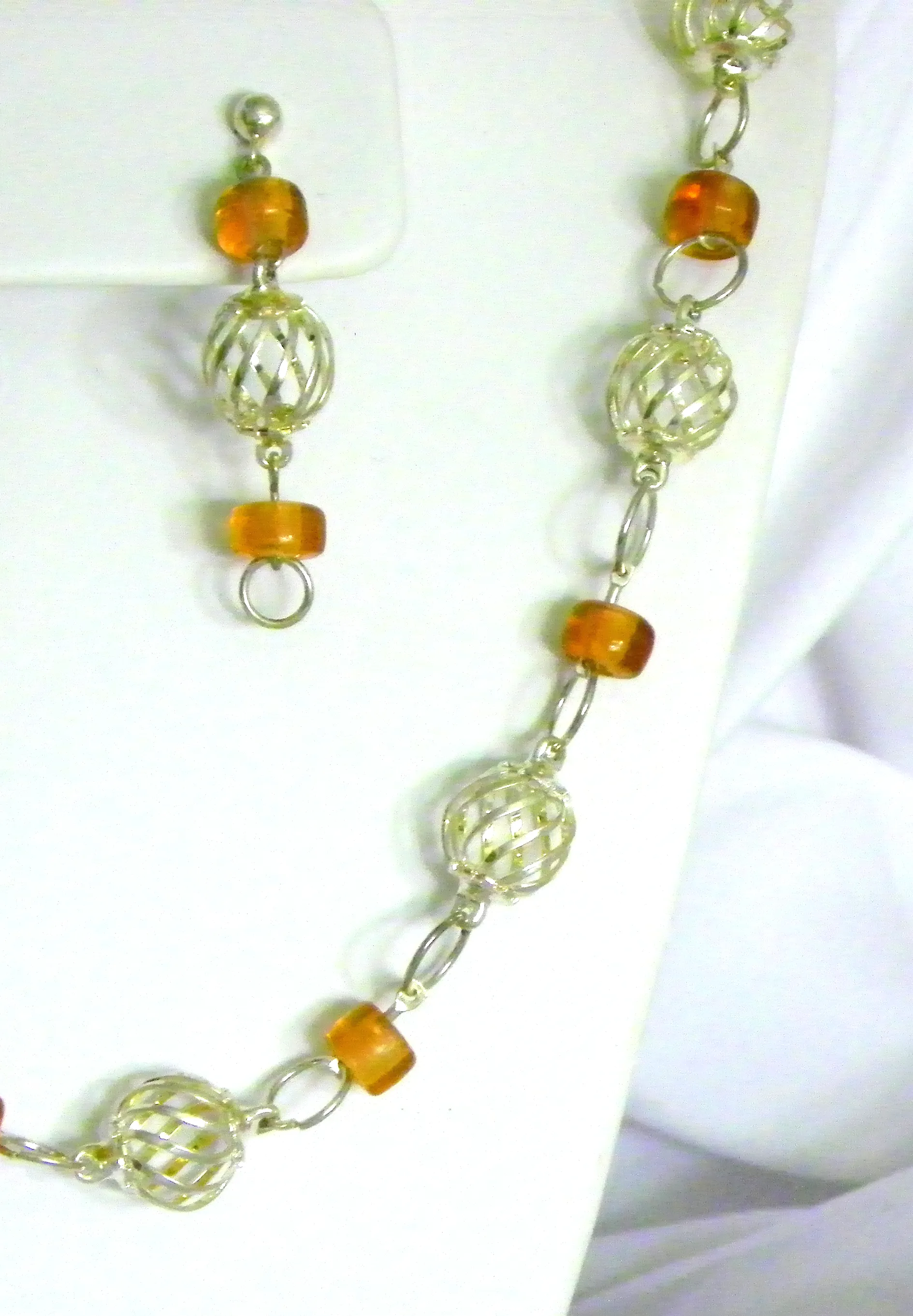 Silver Plated Spiral Wire Ball and Amber Beads Necklace and Earring Set