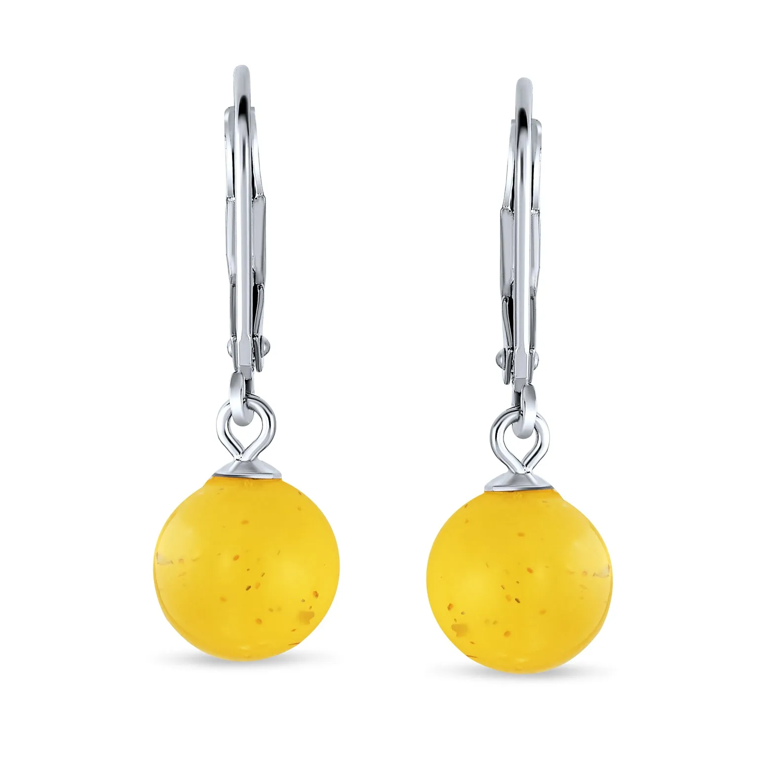 Simple Round Gemstone Lemon Yellow Amber Drop Ball Earrings Sterling Silver