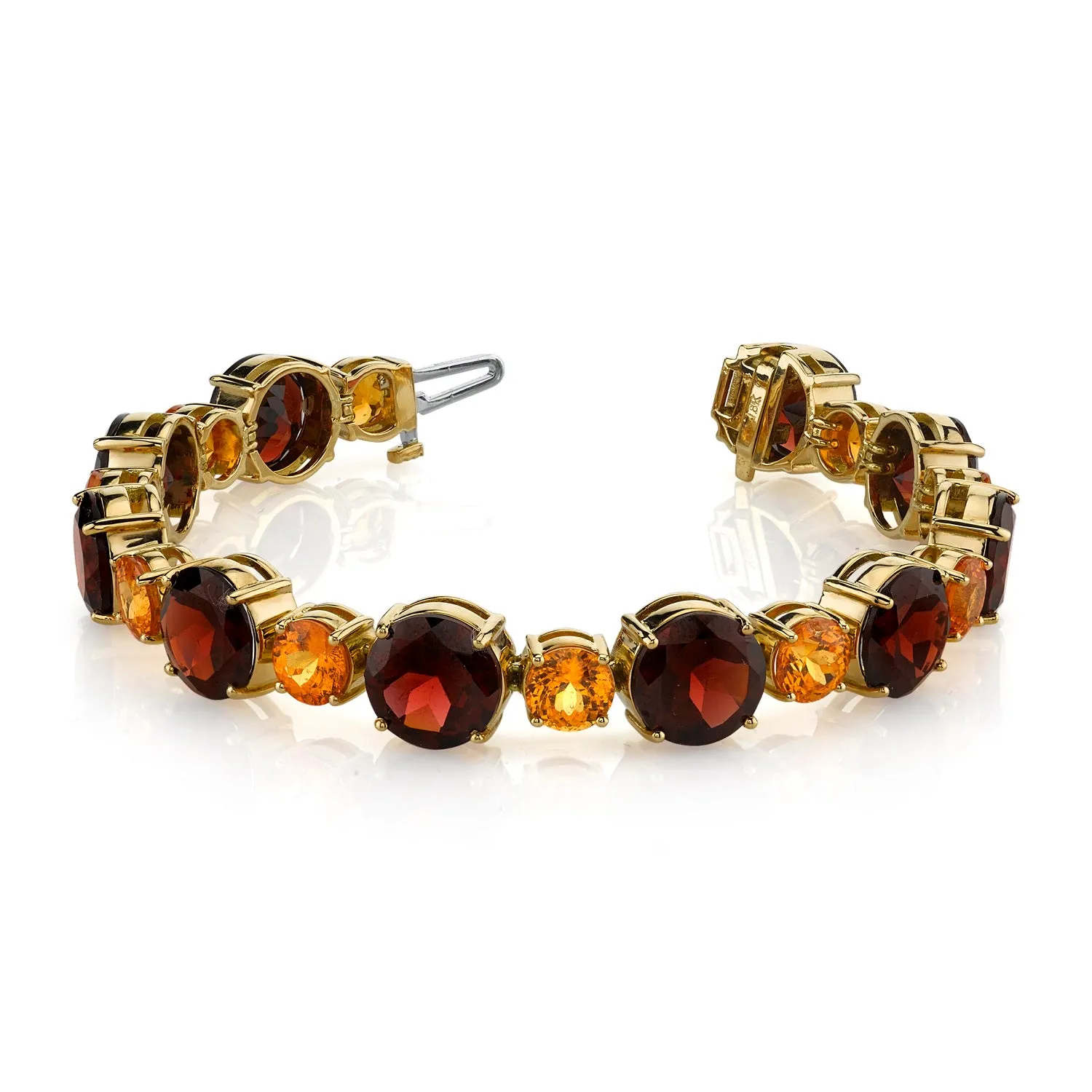Spessartite and Red Garnet Tennis Bracelet, 54.87 Carats Total in 18K Yellow Gold