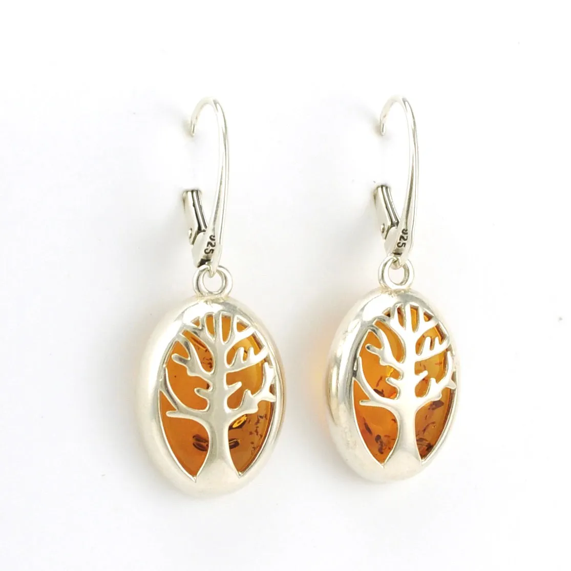 Sterling Silver Amber Oval Tree Earrings
