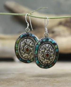 Traditional Silver and Turquoise Tibetan Earrings
