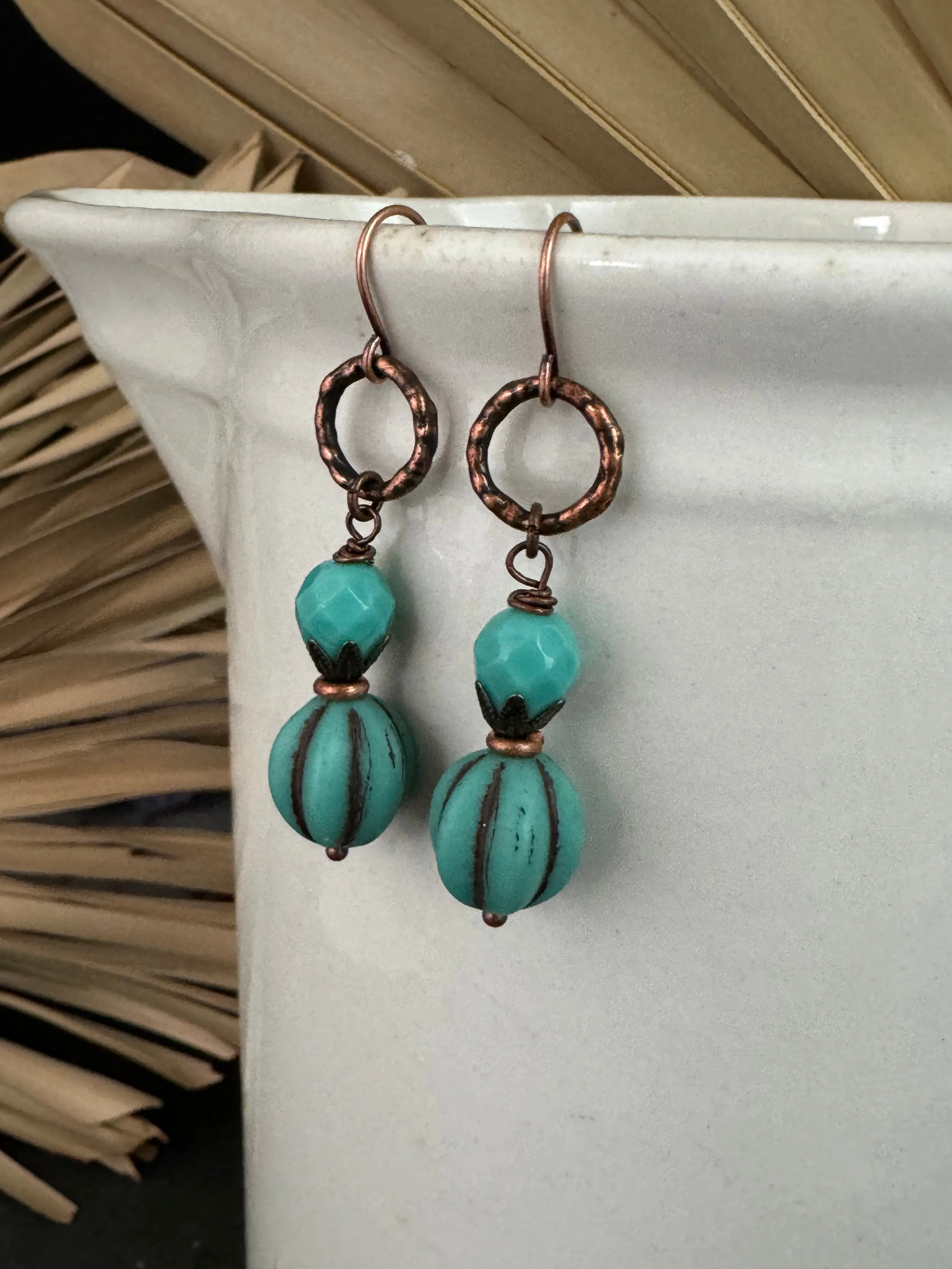 Turquoise Czech glass, hammered copper metal, earrings