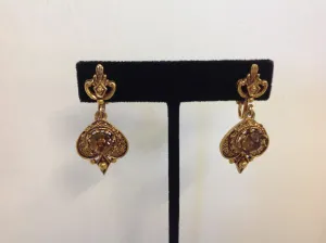 Vintage Goldtone Royal Crest Amber Rhinestone Pendant Clip On Earrings