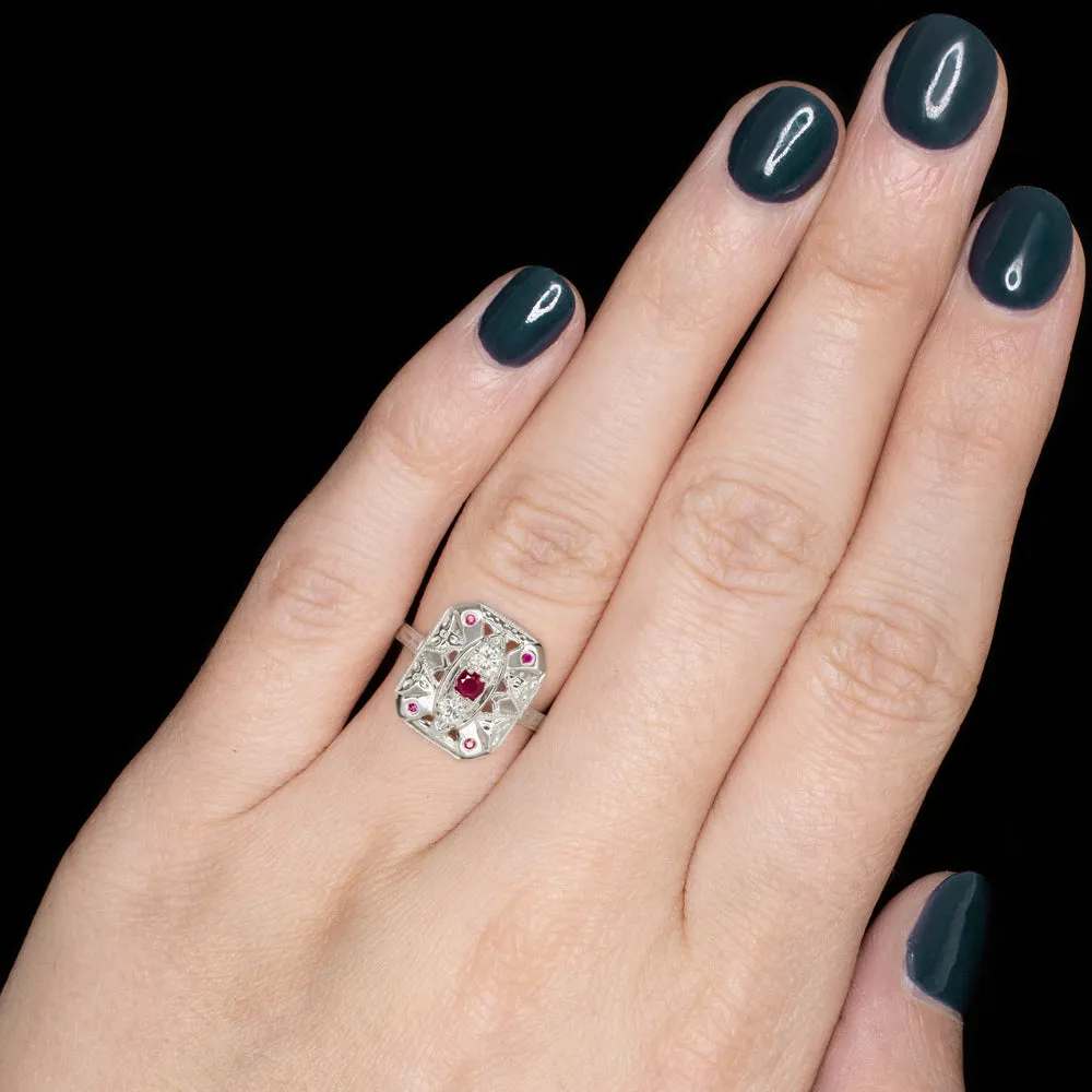 VINTAGE STYLE RUBY DIAMOND COCKTAIL RING ART DECO STYLE 14K WHITE GOLD NATURAL